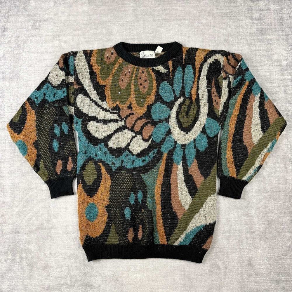 Vintage 80s Sweater Womans Medium Street Talk Knit Abstract Floral Art Grandma